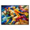 Abstract cubist composition with geometric shapes in green and blue tones - in a black frame