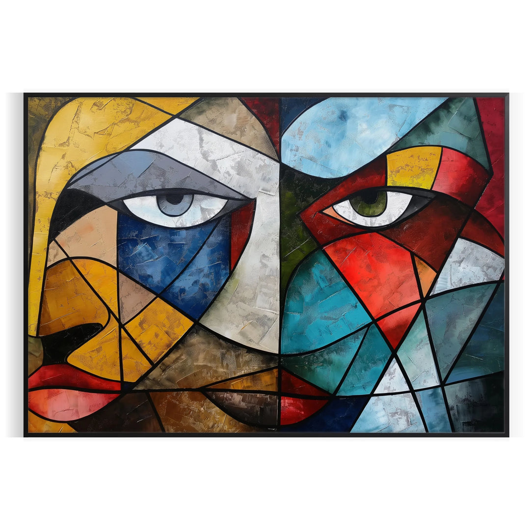 Cubist composition featuring geometric shapes in green and blue tones