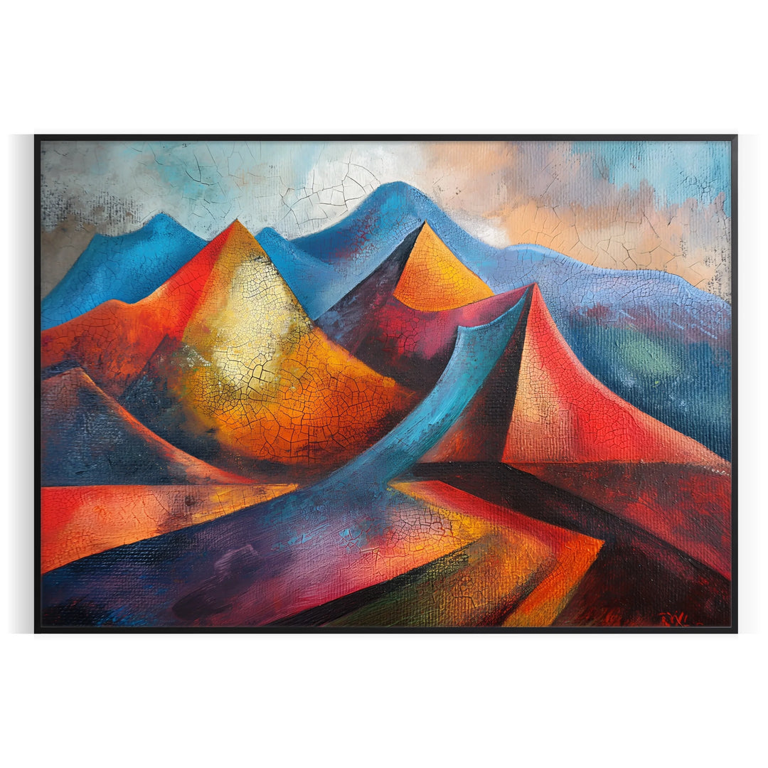 Cubist composition featuring geometric shapes in shades of green and blue
