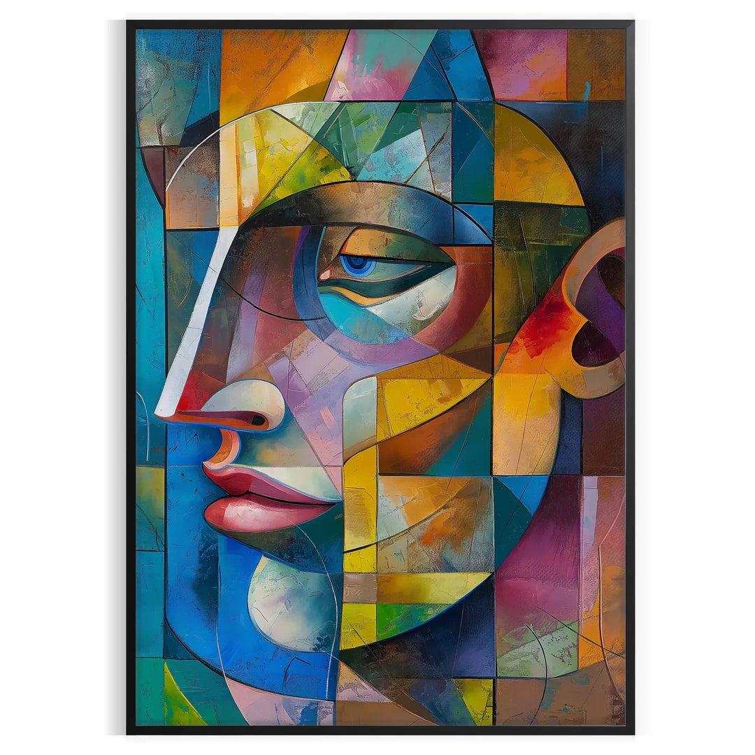 Cubist artwork featuring geometric shapes in green and blue tones