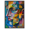 Cubist artwork featuring geometric shapes in green and blue tones - in a black frame