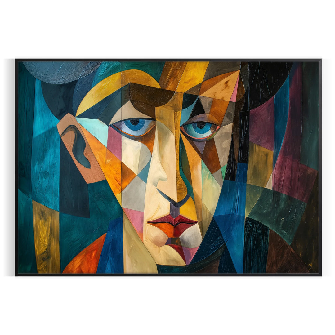 Cubist artwork featuring abstract shapes in green and blue tones