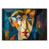 Cubist artwork featuring abstract shapes in green and blue tones - in a black frame