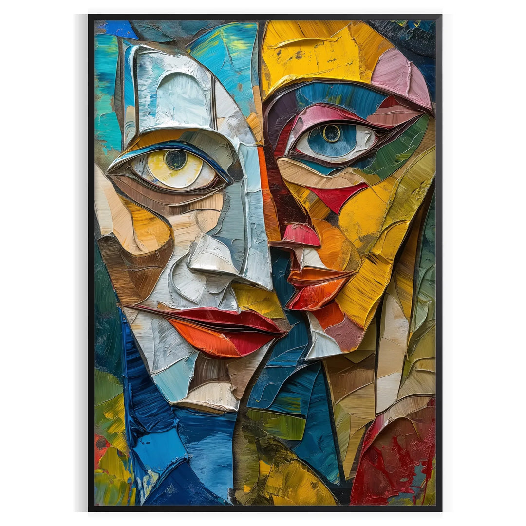 Cubist artwork featuring geometric shapes in green and gray tones
