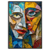 Cubist artwork featuring geometric shapes in green and gray tones - in a black frame