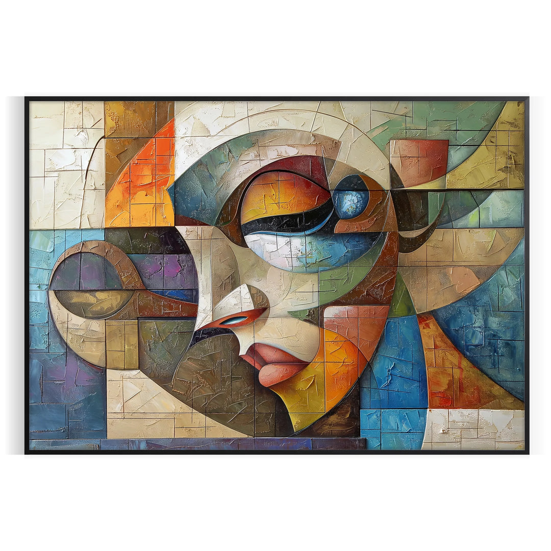 Cubist composition featuring geometric shapes in shades of gray and green