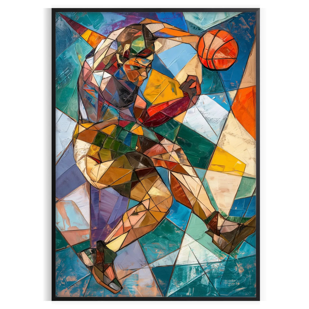 Cubist artwork featuring abstract shapes in shades of gray and green
