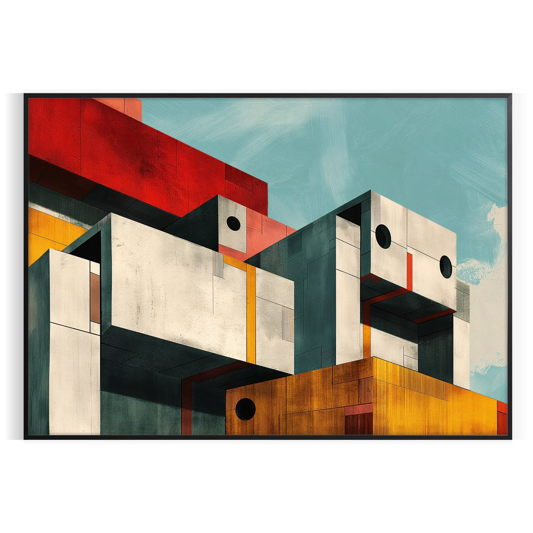 Cubist artwork featuring bold black and orange geometric shapes
