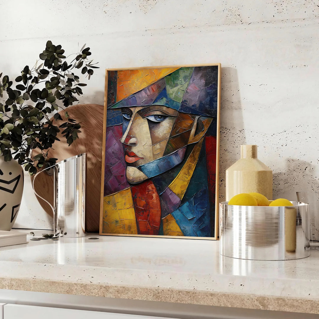 Cubist composition with geometric shapes in brown and green tones - styled on a counter with eucalyptus and a bowl of lemons