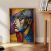 Cubist composition with geometric shapes in brown and green tones - beside a round wooden side table with books