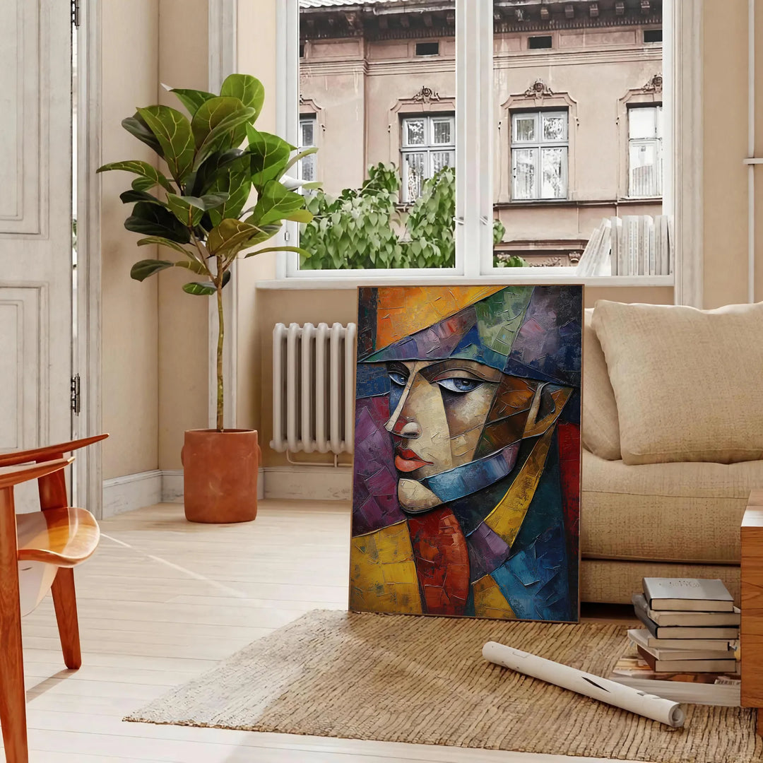 Cubist composition with geometric shapes in brown and green tones - in a Parisian living room with a sofa and a fig plant