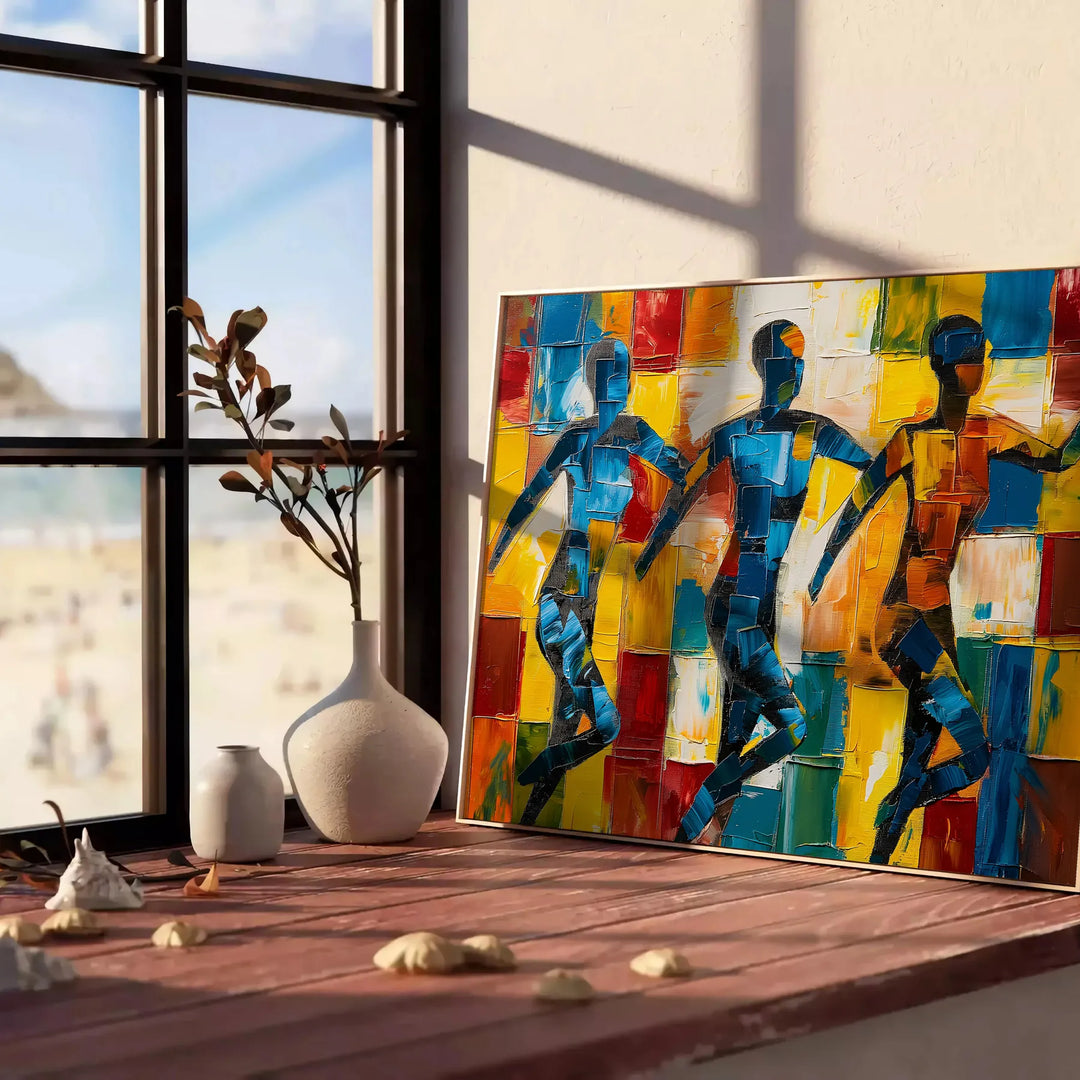 Abstract cubist composition with bold orange and blue shapes - leaning on a herringbone floor against a white panelled wall