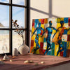 Abstract cubist composition with bold orange and blue shapes - leaning on a herringbone floor against a white panelled wall