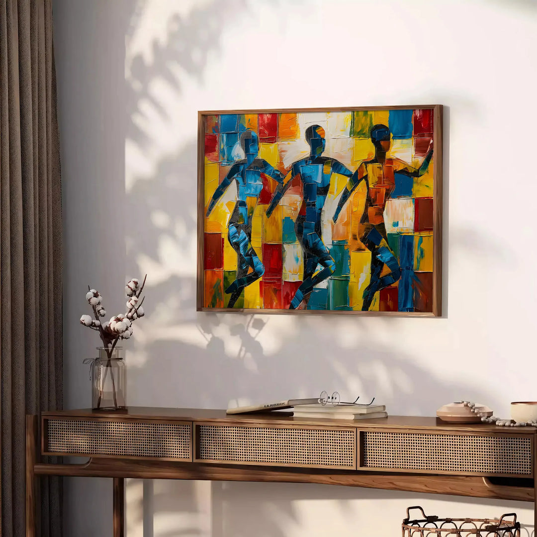Abstract cubist composition with bold orange and blue shapes - styled on a counter with eucalyptus and a bowl of lemons