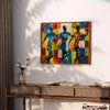Abstract cubist composition with bold orange and blue shapes - styled on a counter with eucalyptus and a bowl of lemons