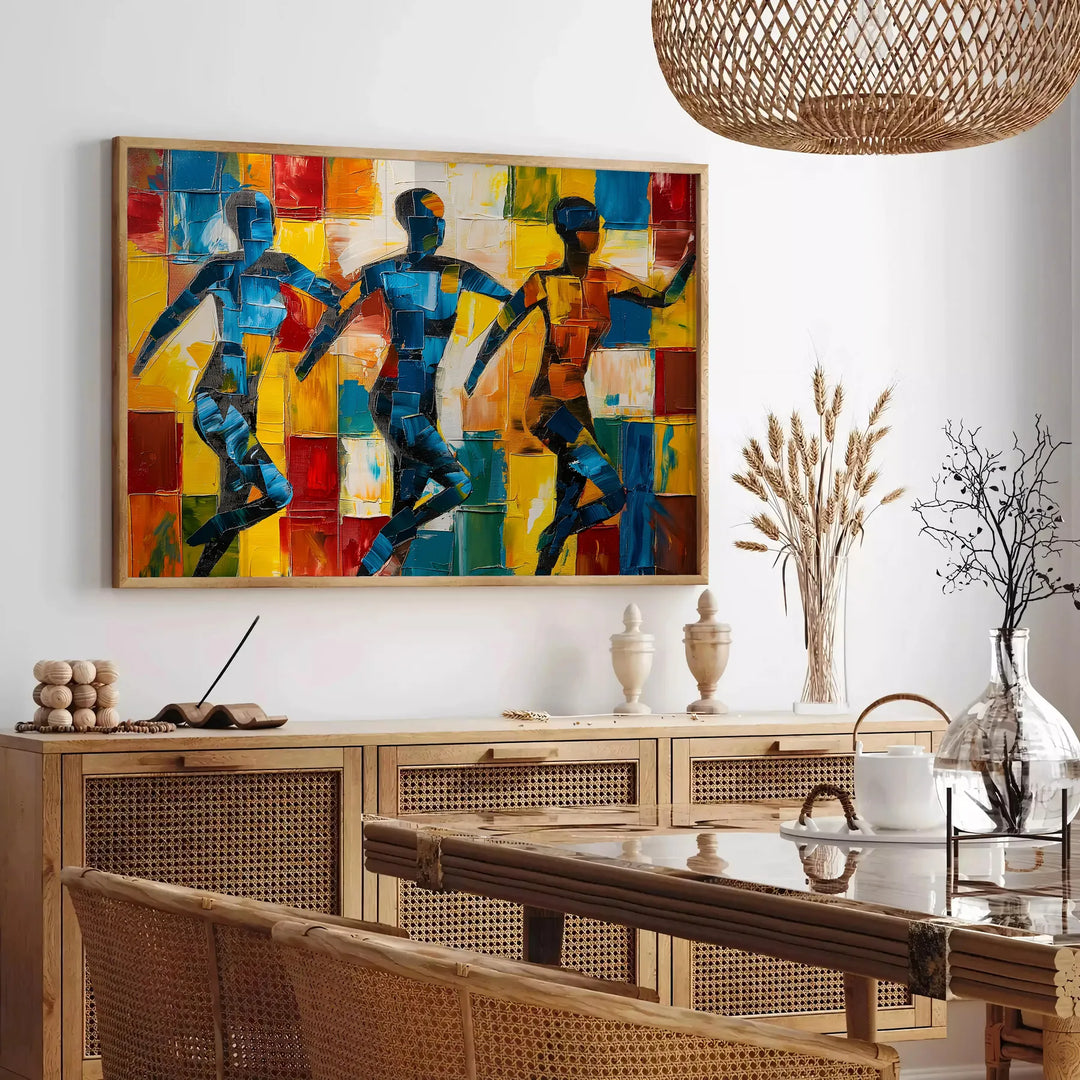 Abstract cubist composition with bold orange and blue shapes - in a Parisian living room with a sofa and a fig plant
