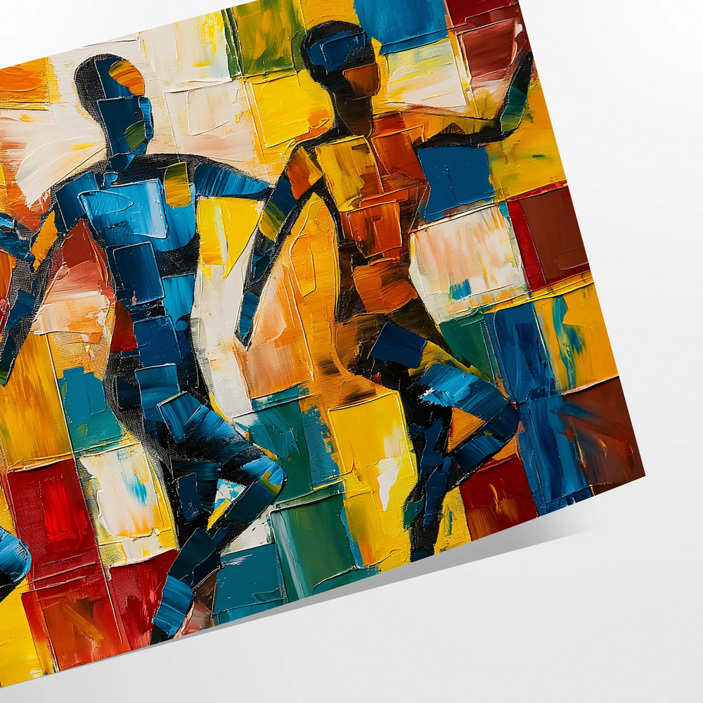 Abstract cubist composition with bold orange and blue shapes