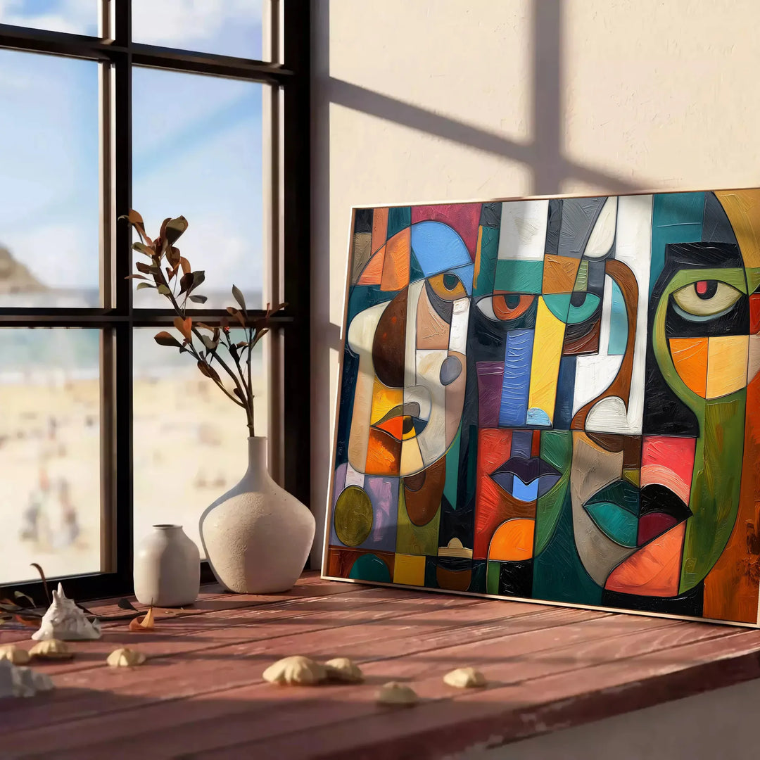 Cubist artwork featuring abstract shapes in green and blue tones - leaning on a herringbone floor against a white panelled wall