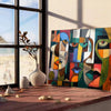 Cubist artwork featuring abstract shapes in green and blue tones - leaning on a herringbone floor against a white panelled wall