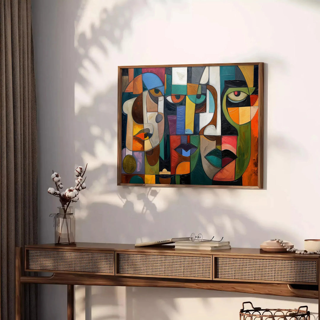 Cubist artwork featuring abstract shapes in green and blue tones - styled on a counter with eucalyptus and a bowl of lemons