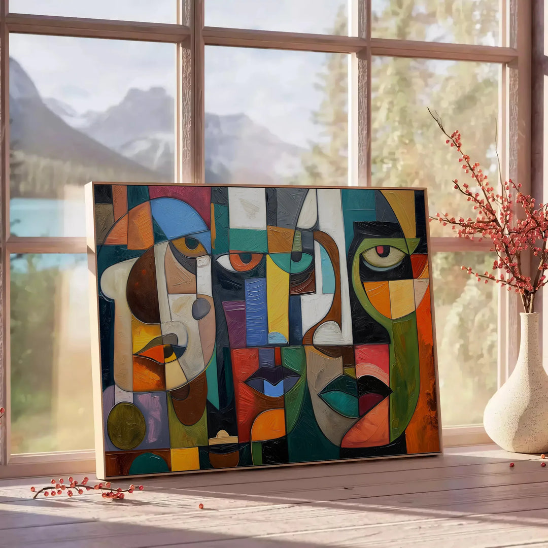 Cubist artwork featuring abstract shapes in green and blue tones - beside a round wooden side table with books