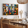 Cubist artwork featuring abstract shapes in green and blue tones - in a Parisian living room with a sofa and a fig plant