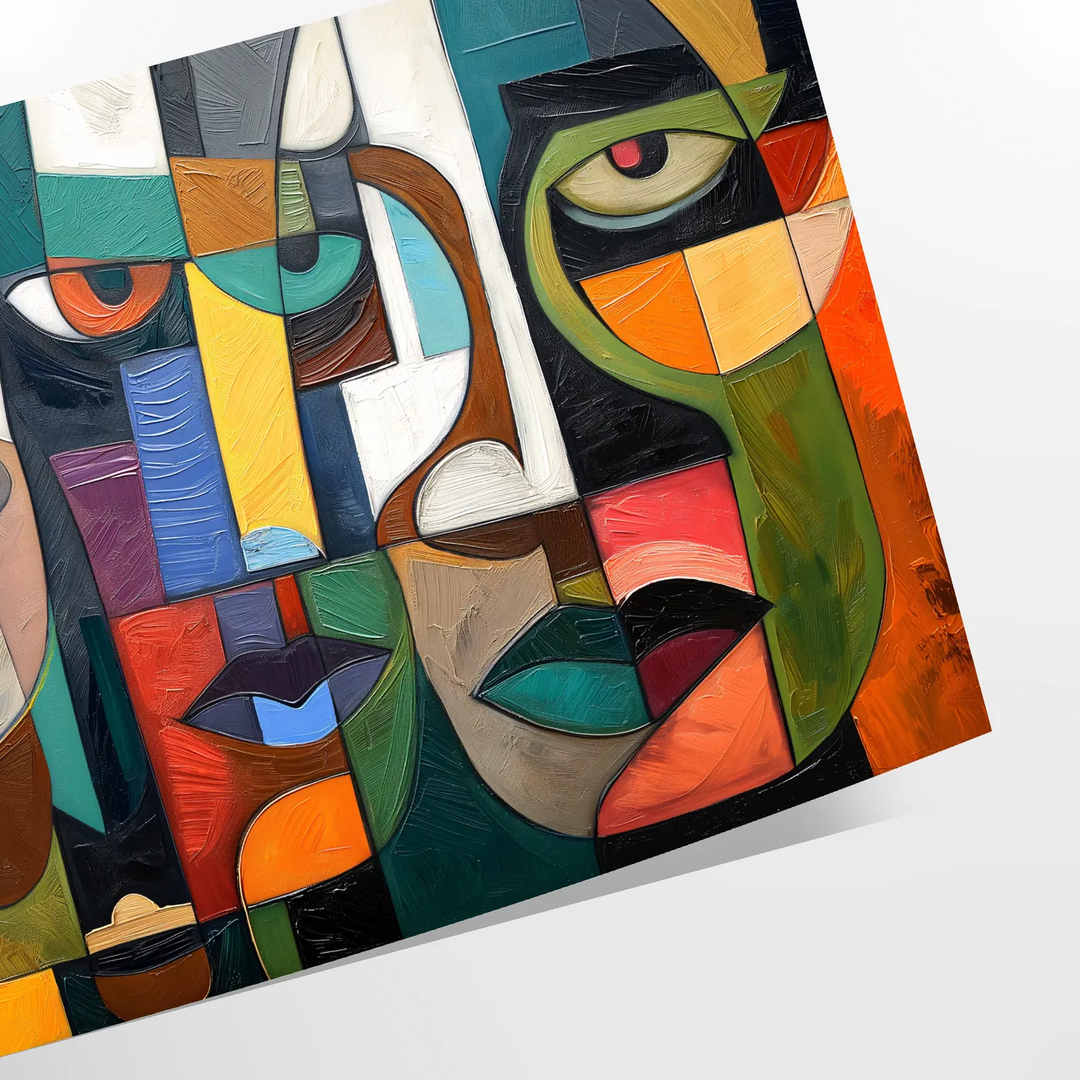 Cubist artwork featuring abstract shapes in green and blue tones - as a rolled, unframed print