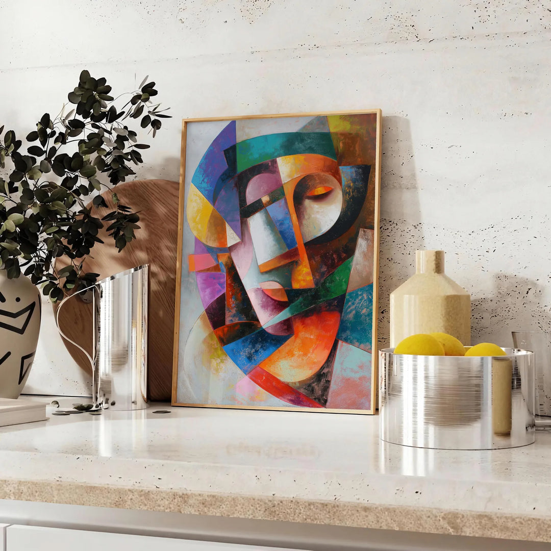 Cubist artwork featuring geometric shapes in gray and blue tones - styled on a counter with eucalyptus and a bowl of lemons