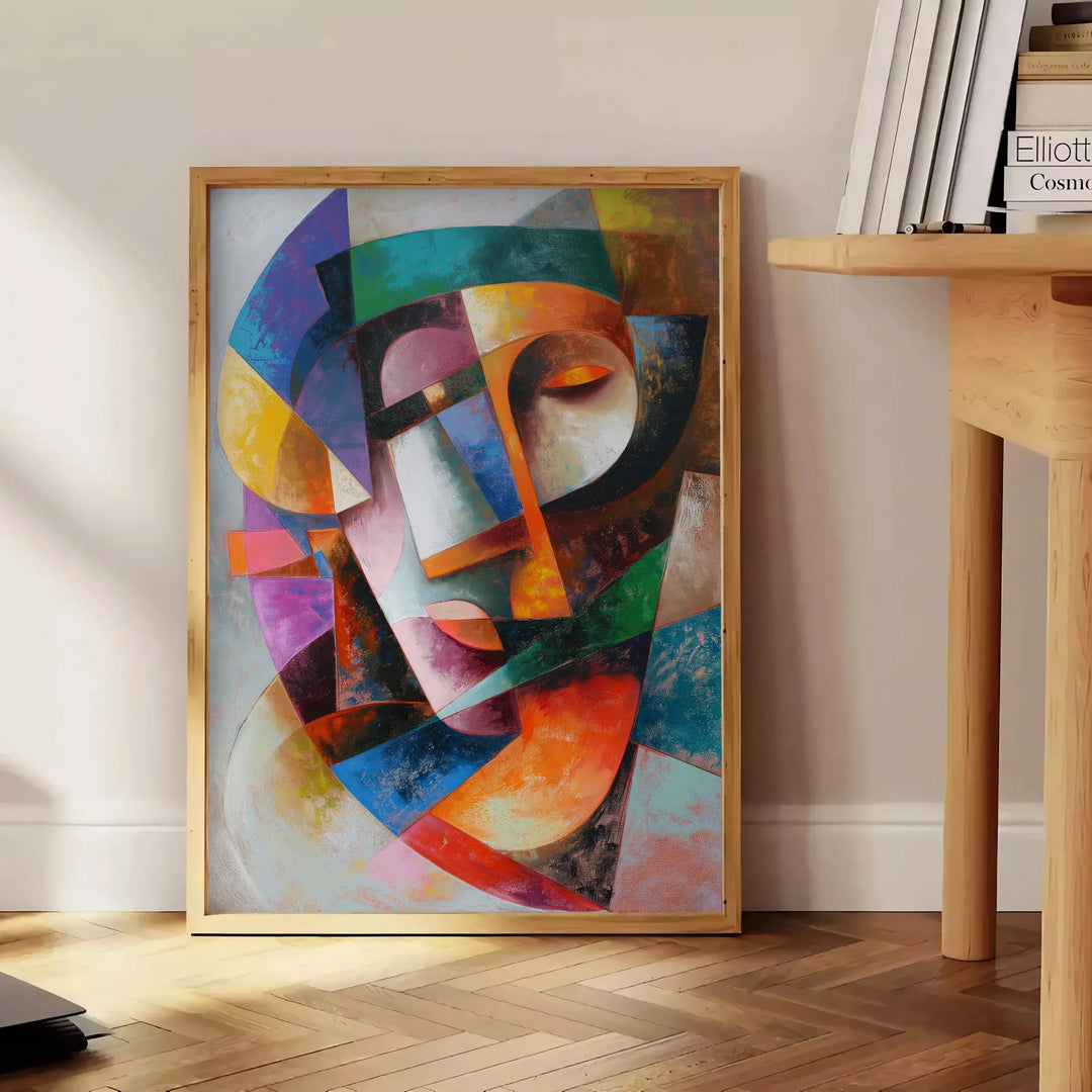Cubist artwork featuring geometric shapes in gray and blue tones - beside a round wooden side table with books