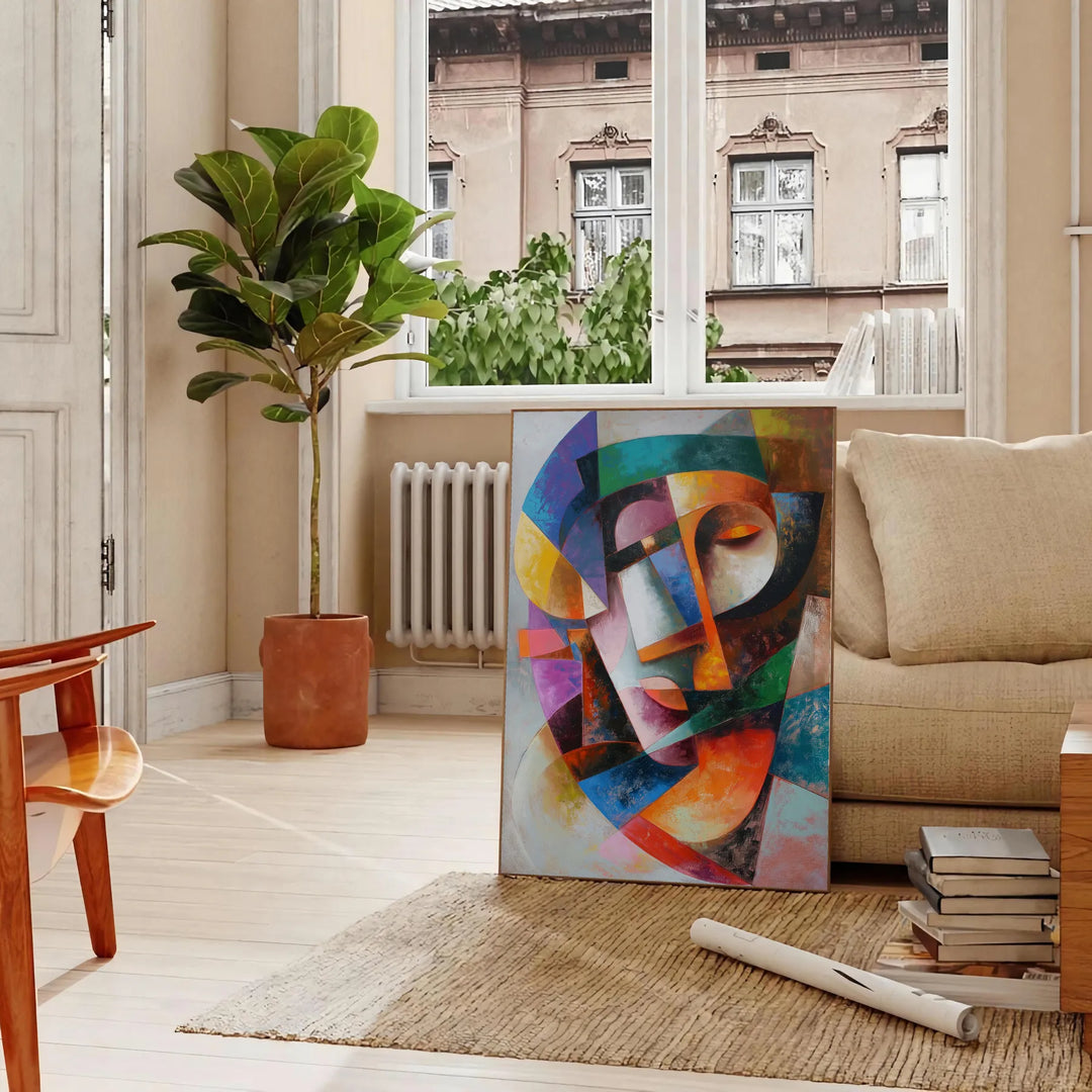 Cubist artwork featuring geometric shapes in gray and blue tones - in a Parisian living room with a sofa and a fig plant
