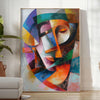 Cubist artwork featuring geometric shapes in gray and blue tones - in a bright minimalist room with a plant and an armchair