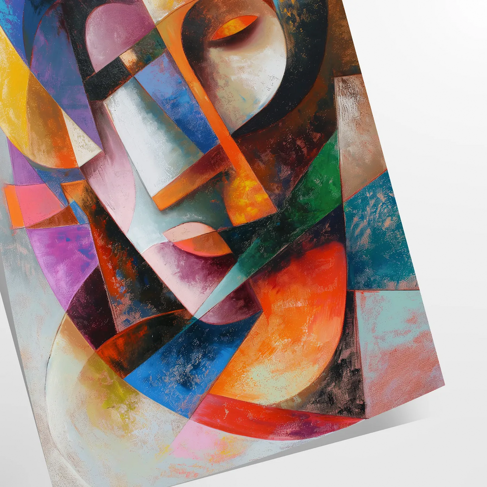 Cubist artwork featuring geometric shapes in gray and blue tones