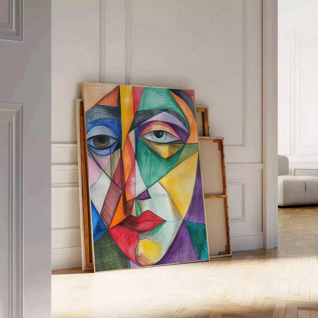 Abstract cubist shapes in green and orange tones - leaning on a herringbone floor against a white panelled wall