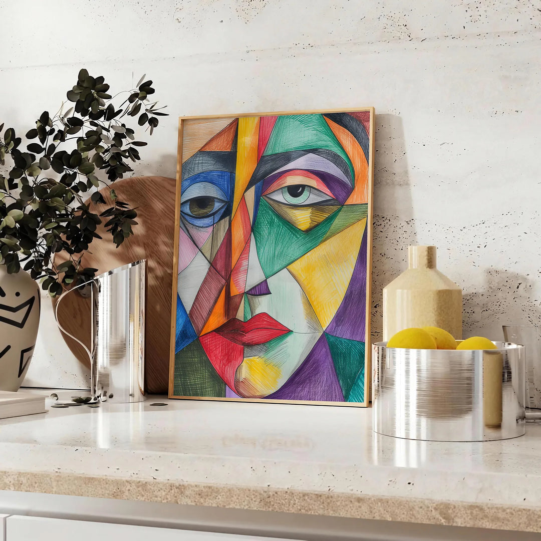Abstract cubist shapes in green and orange tones - styled on a counter with eucalyptus and a bowl of lemons