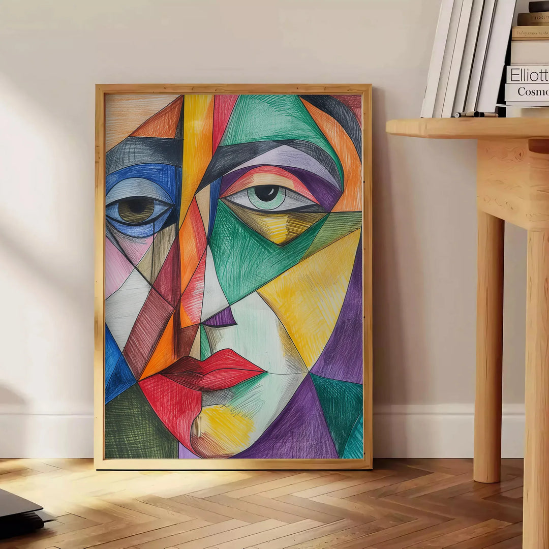 Abstract cubist shapes in green and orange tones - beside a round wooden side table with books