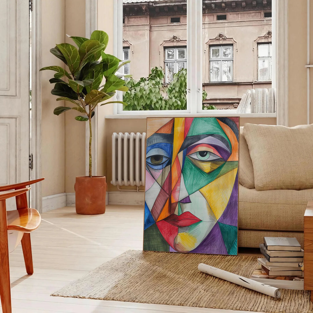 Abstract cubist shapes in green and orange tones - in a Parisian living room with a sofa and a fig plant