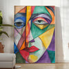 Abstract cubist shapes in green and orange tones - in a bright minimalist room with a plant and an armchair