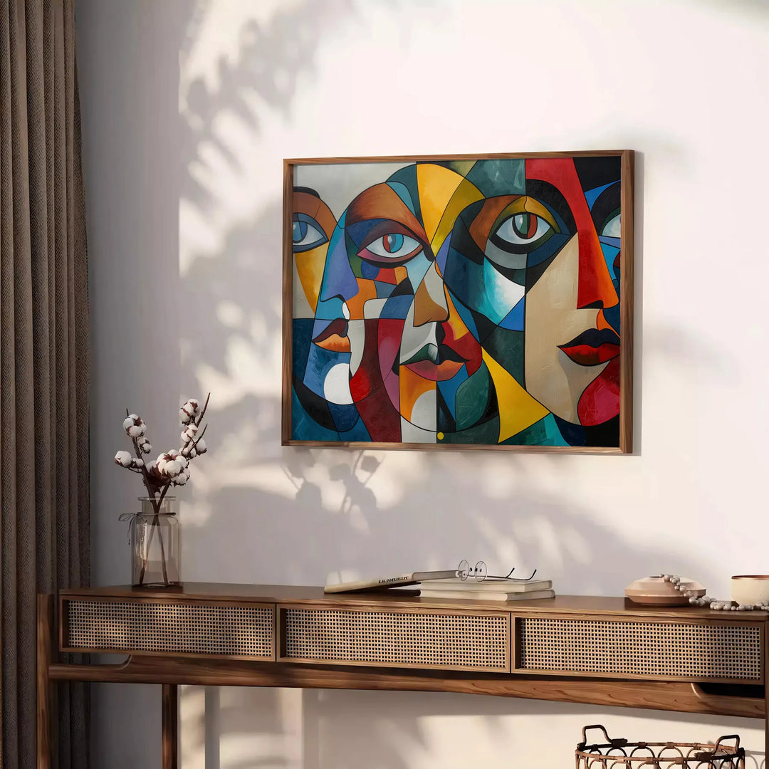 Geometric shapes in green and gray, reflecting Cubism style - styled on a counter with eucalyptus and a bowl of lemons