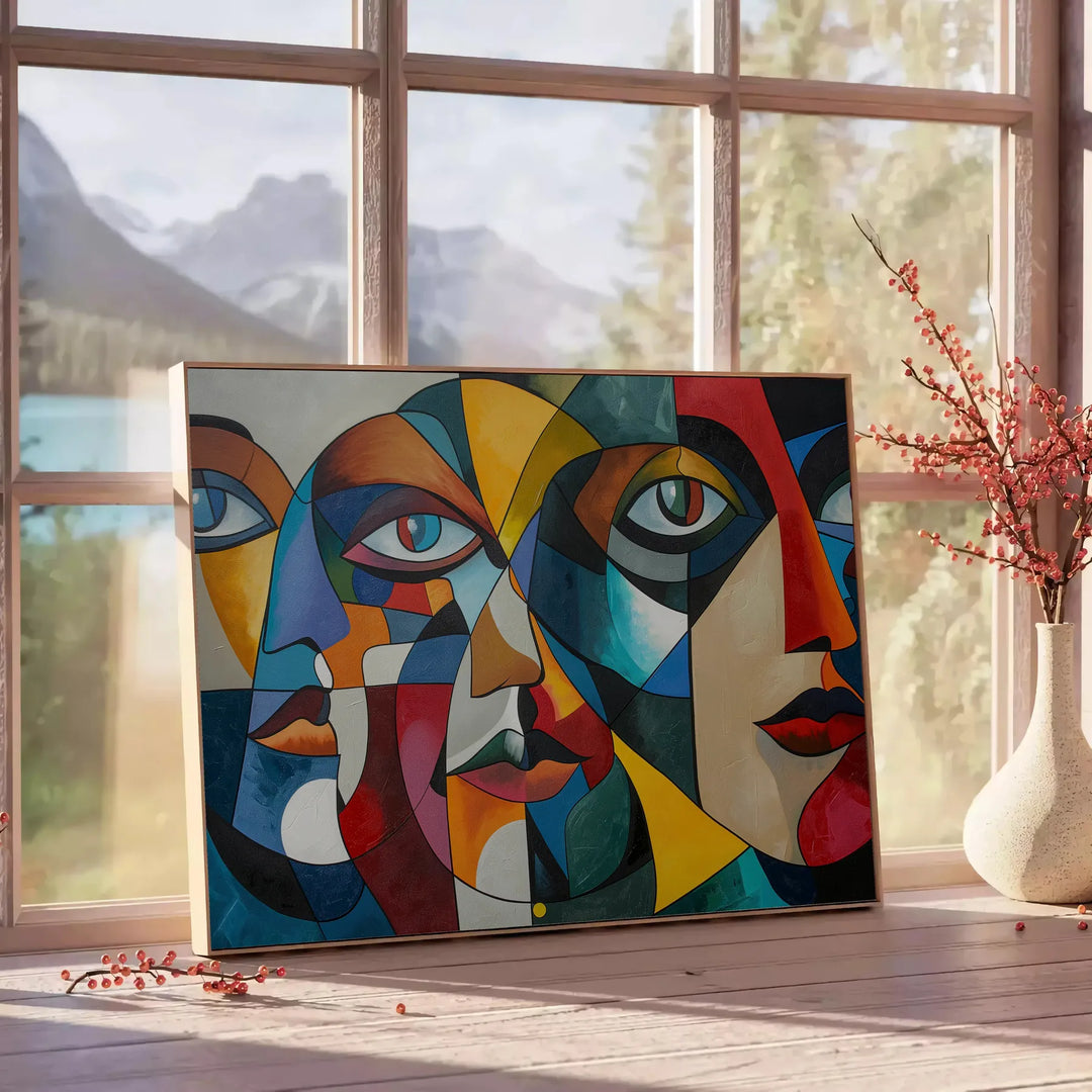 Geometric shapes in green and gray, reflecting Cubism style - beside a round wooden side table with books