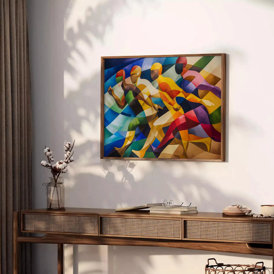 Abstract cubist composition with geometric shapes in green and blue tones - styled on a counter with eucalyptus and a bowl of lemons