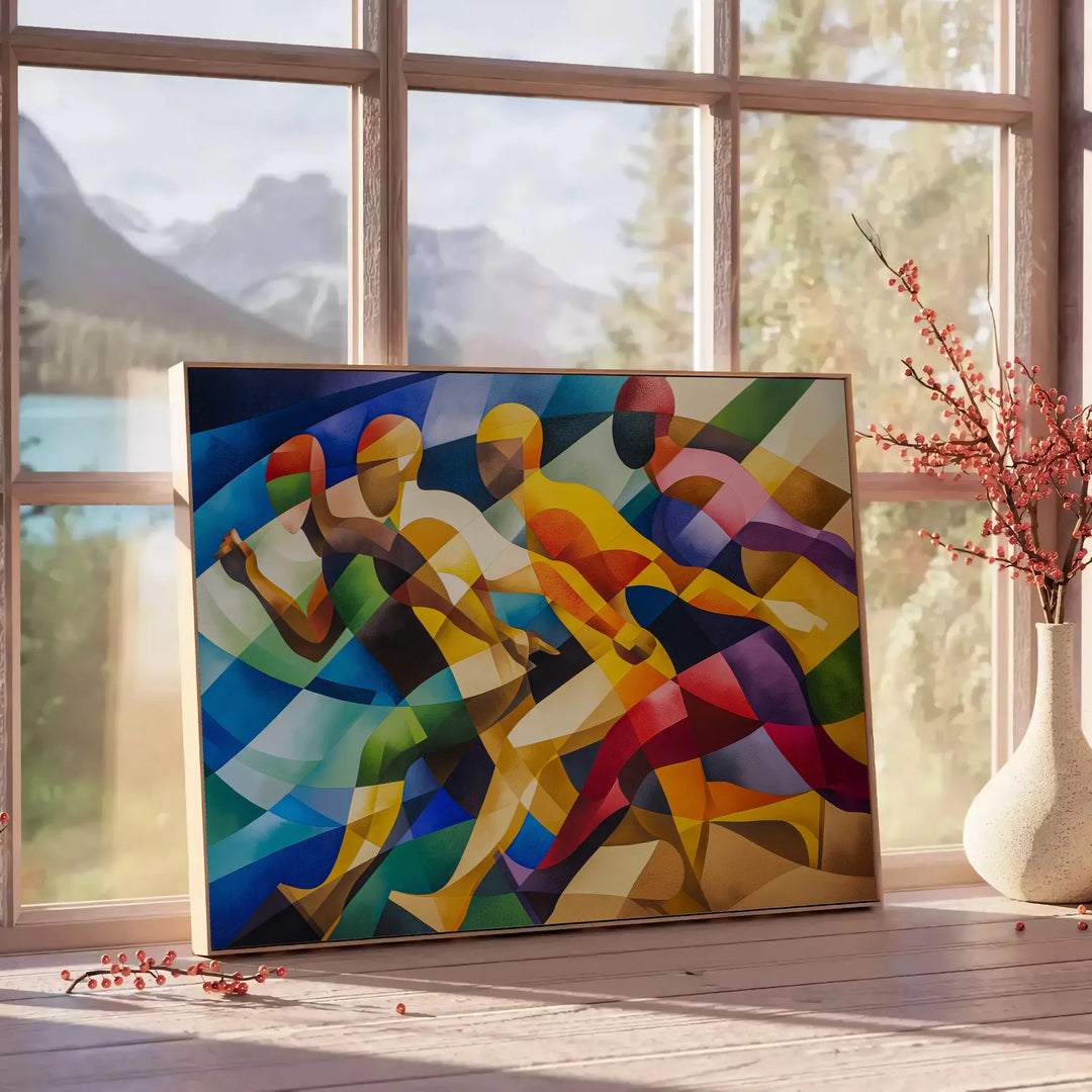 Abstract cubist composition with geometric shapes in green and blue tones - beside a round wooden side table with books