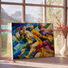 Abstract cubist composition with geometric shapes in green and blue tones - beside a round wooden side table with books