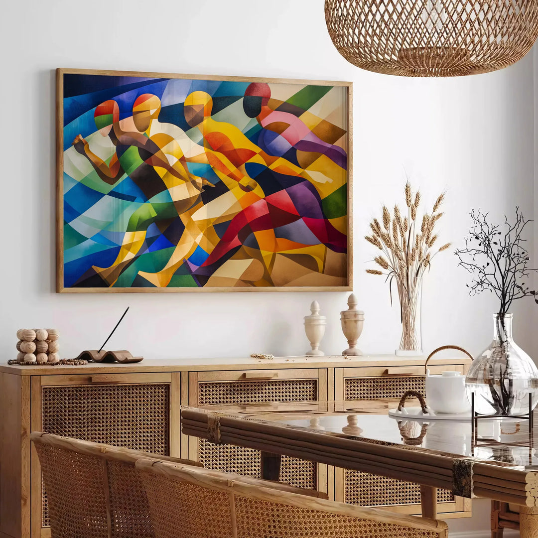 Abstract cubist composition with geometric shapes in green and blue tones - in a Parisian living room with a sofa and a fig plant