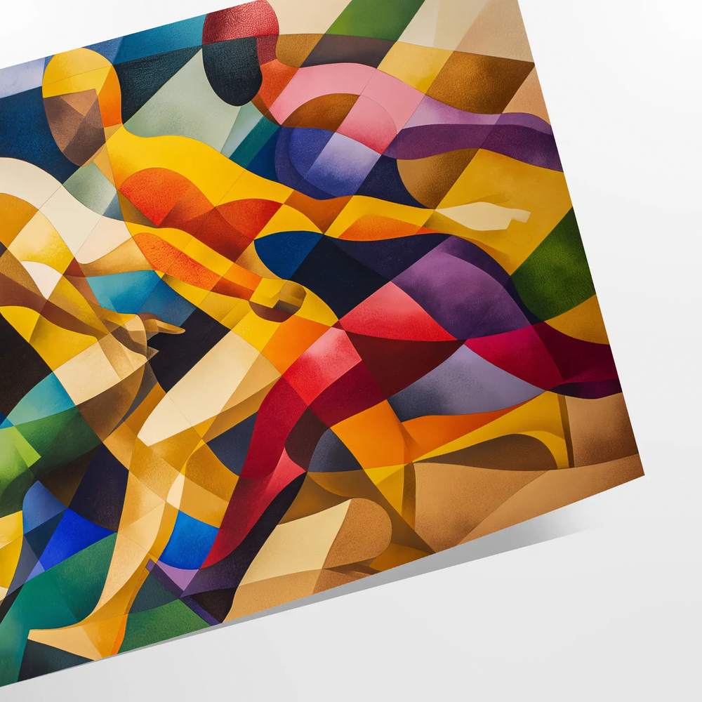 Abstract cubist composition with geometric shapes in green and blue tones