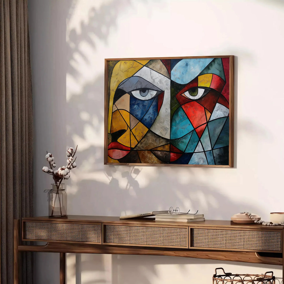 Cubist composition featuring geometric shapes in green and blue tones - styled on a counter with eucalyptus and a bowl of lemons