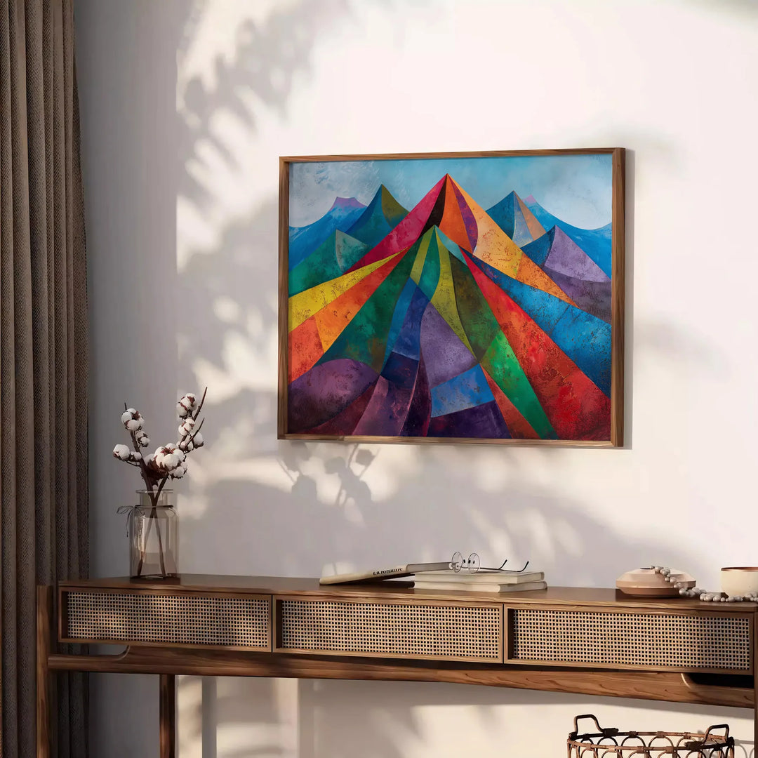 Cubist artwork featuring abstract shapes in greens and blues - styled on a counter with eucalyptus and a bowl of lemons
