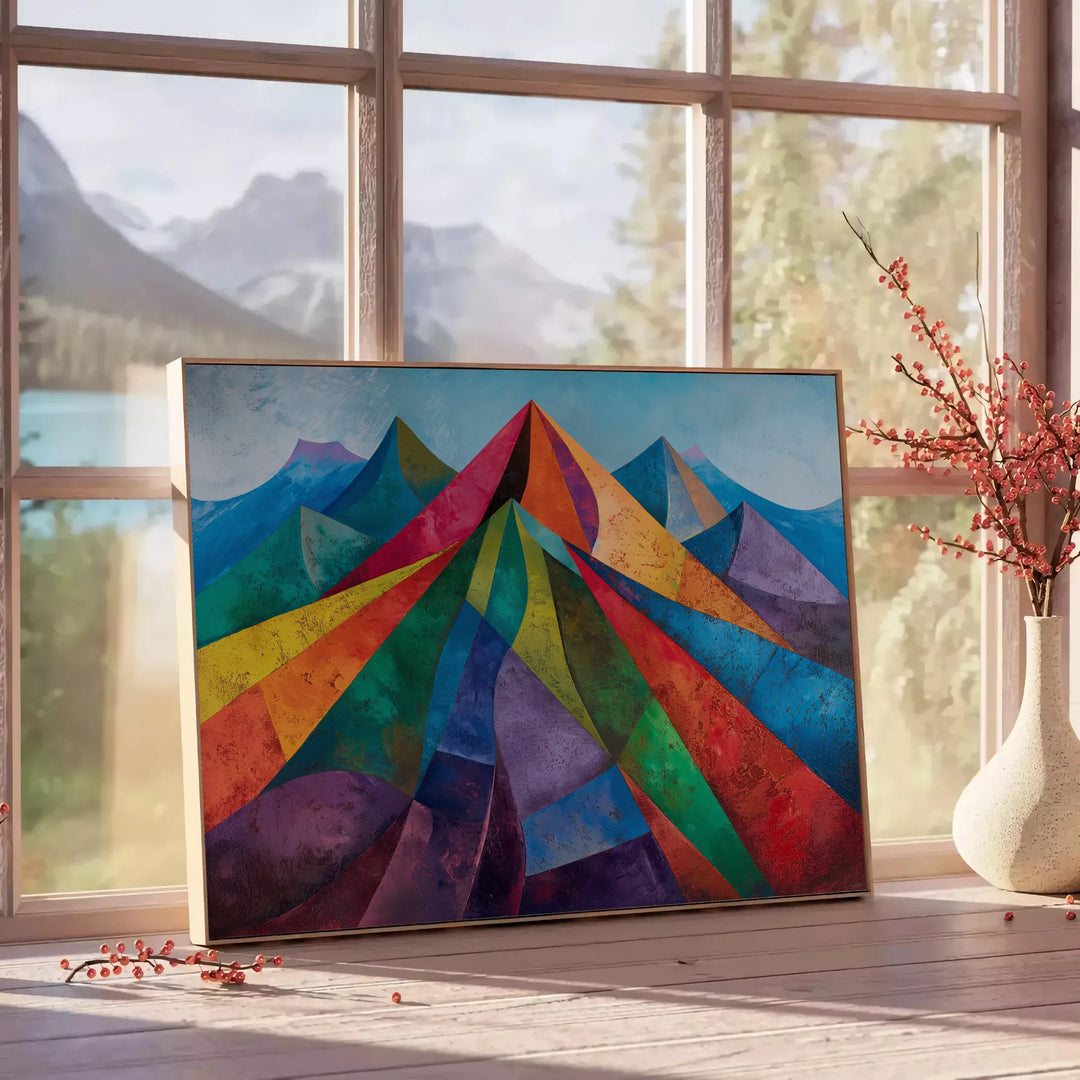 Cubist artwork featuring abstract shapes in greens and blues - beside a round wooden side table with books
