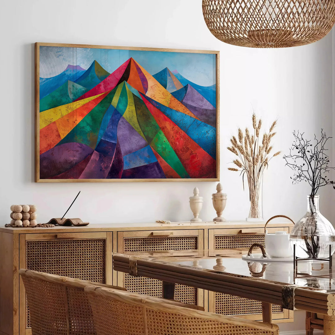 Cubist artwork featuring abstract shapes in greens and blues - in a Parisian living room with a sofa and a fig plant