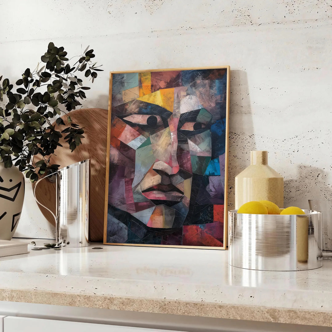 Cubist artwork featuring geometric shapes in shades of green and blue - styled on a counter with eucalyptus and a bowl of lemons