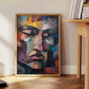 Cubist artwork featuring geometric shapes in shades of green and blue - beside a round wooden side table with books